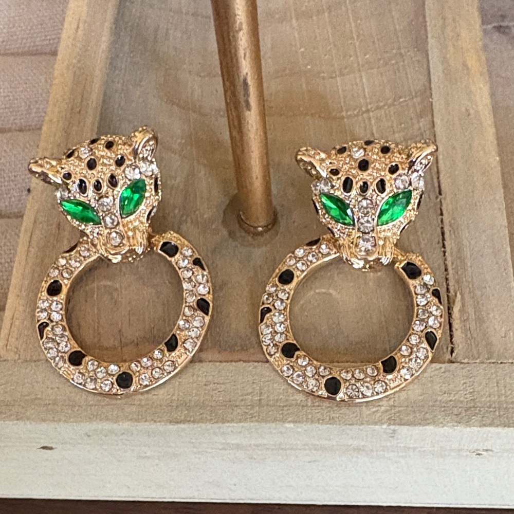 Green eyed Panther Articulated crystal door knocker stud back Earrings